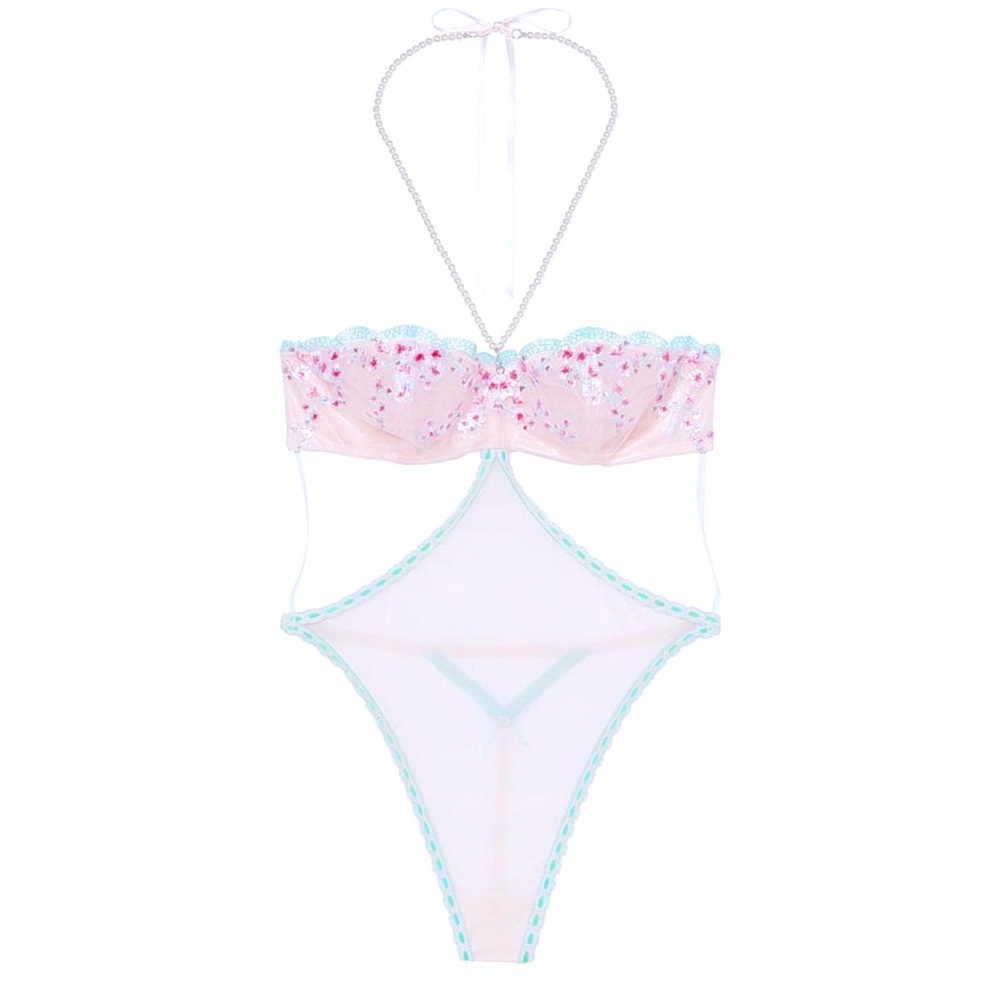 Victoria’s Secret very sexy cherry blossom embroidery pearls chain halter teddy